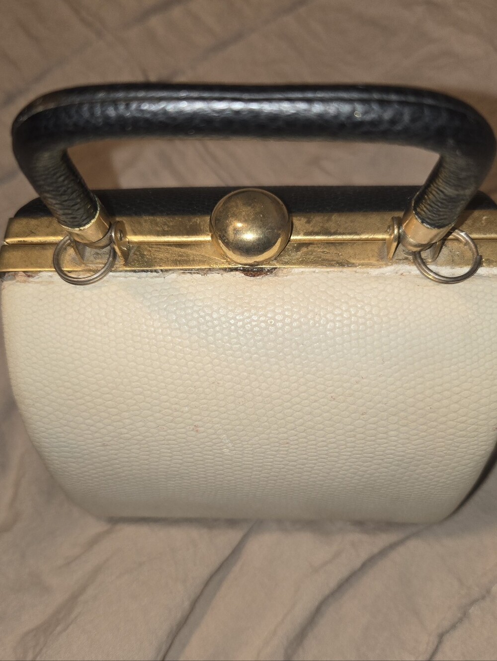 Vintage Cream & Black Structured Top Handle Handbag Gold Kiss Lock Purse